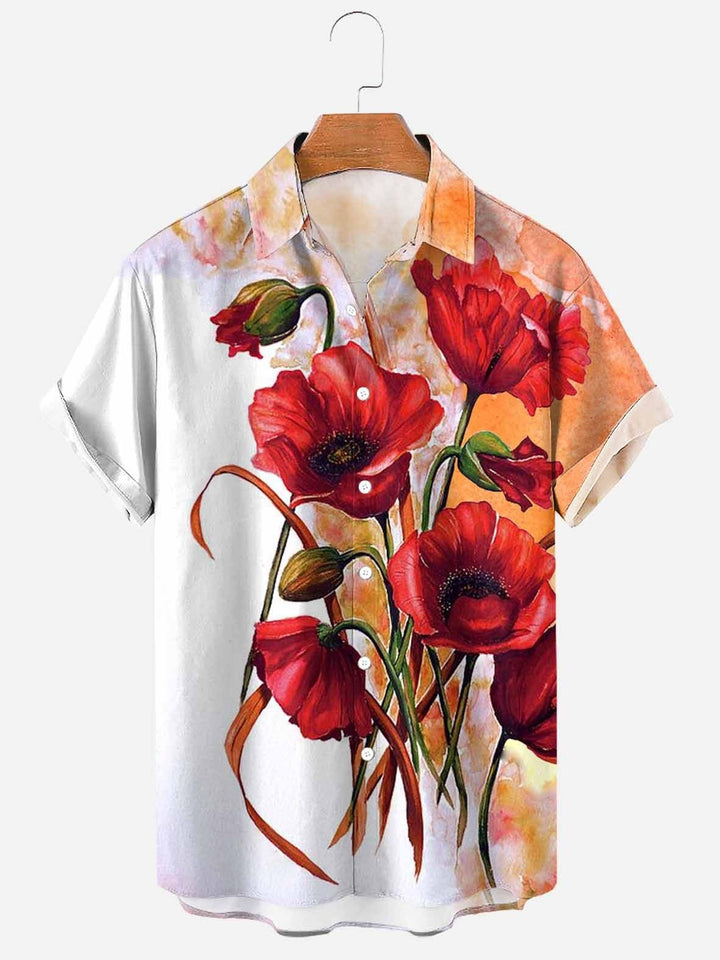Camicia uomo floreale elegante, maniche corte, stampa colorata, tessuto confortevole ed elasticizzato estivo.