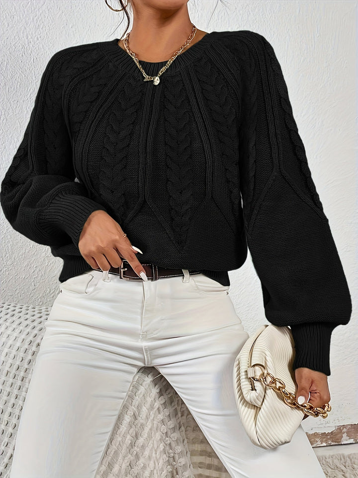 Donna: maglione comodo a trecce, maniche a palloncino. Ideale per la moda autunnale.