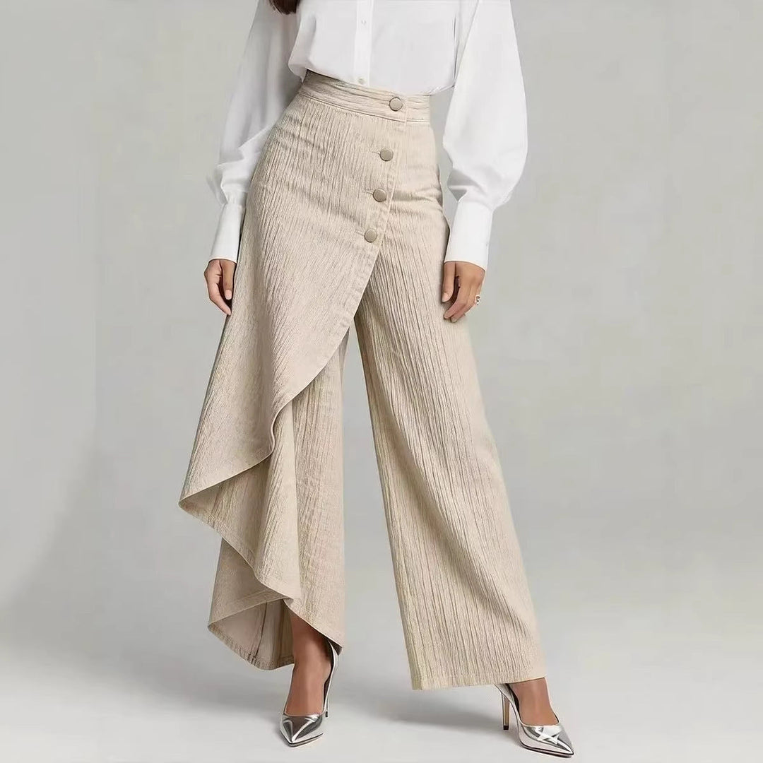 Pantaloni dritti donna con dettagli bottoni arricciati, effetto denim, vita alta, ideali per stile casual chic.