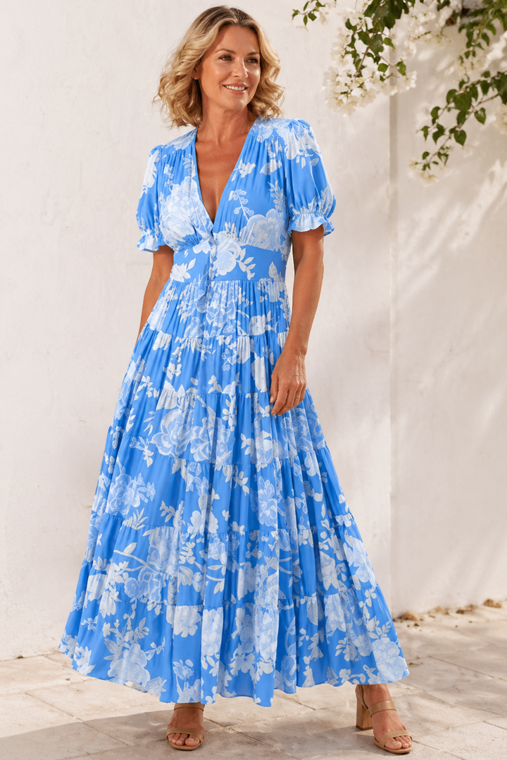 Abito maxi da donna elegante con scollo a V, ideale per l'estate e look fluidi da vacanza.