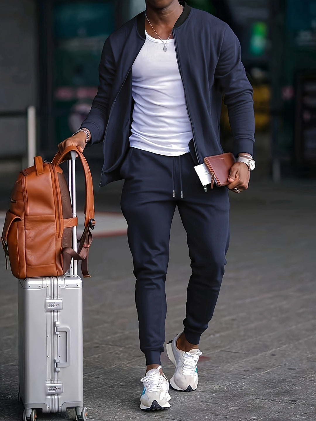 Completo tuta uomo casual e comodo con giacca sportiva e jogger, ideale per palestra o outfit urbano versatile.