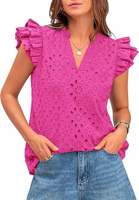 Top donna con scollo a V profondo, raffinato ricamo Sangallo e delicati volant. Moda elegante.