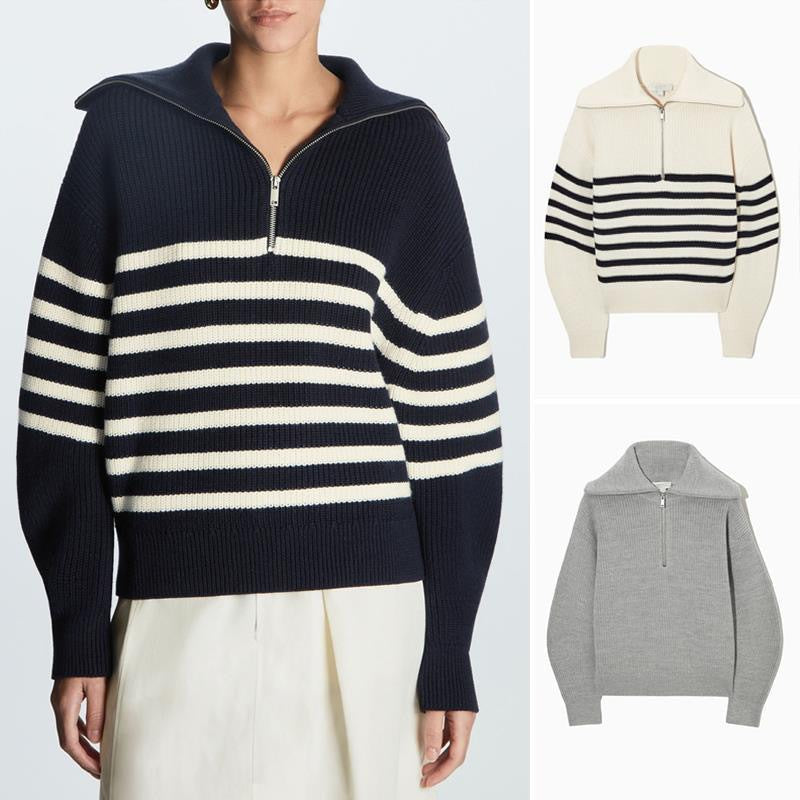 Comodo maglione donna a righe con mezza zip per un look casual ed elegante in inverno.