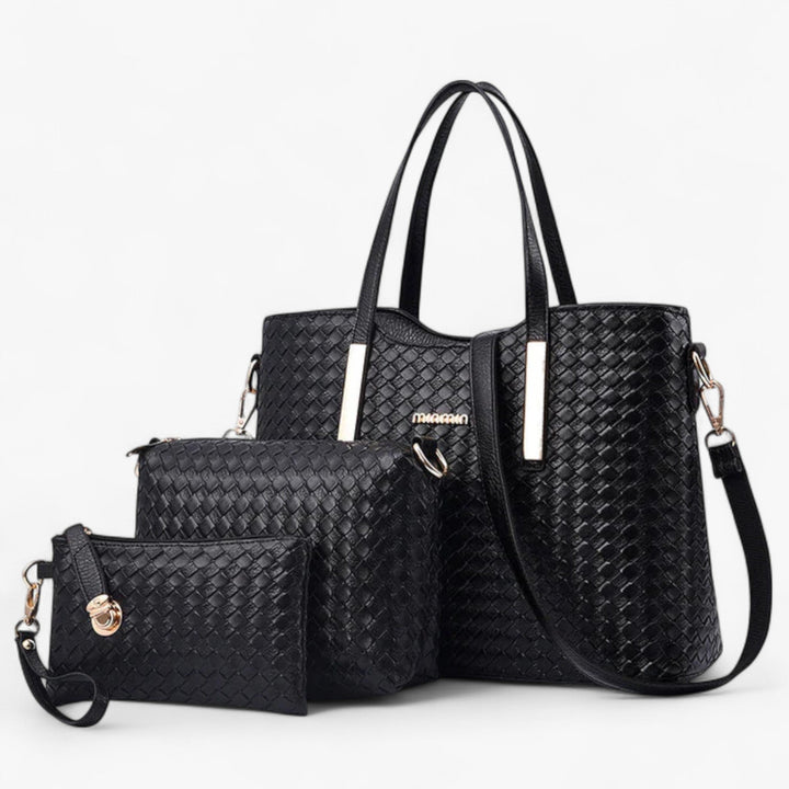 Set 3 borse tote nere da donna in pelle PU intrecciata, versatile ed elegante, accessorio moda indispensabile.