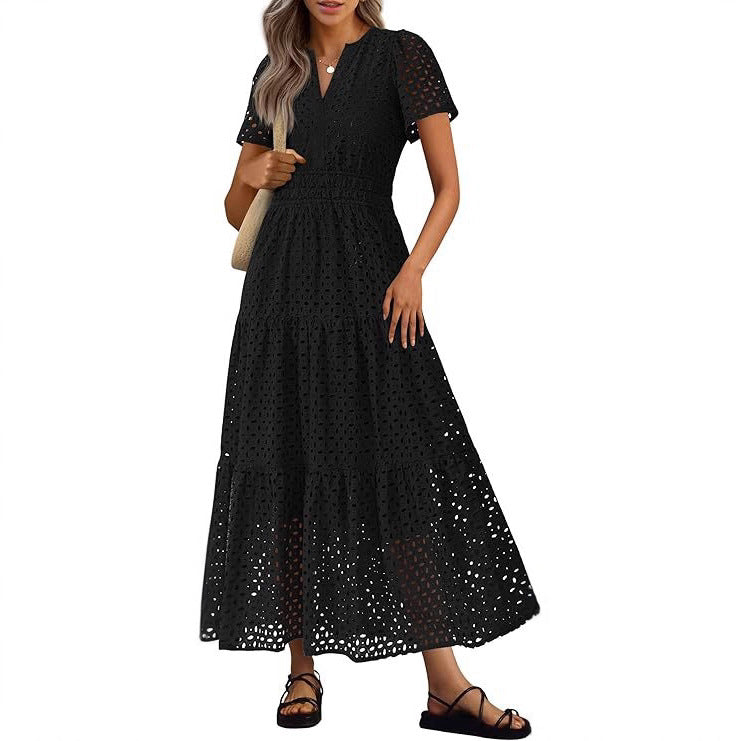 Abito fluido estivo donna, maniche corte, scollo a V. Perfetto per il mare e vacanze.