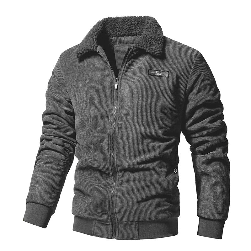 Giubbotto uomo caldo in velluto a coste nero, con morbido collo sherpa, ideale per l'inverno e uno stile maschile.