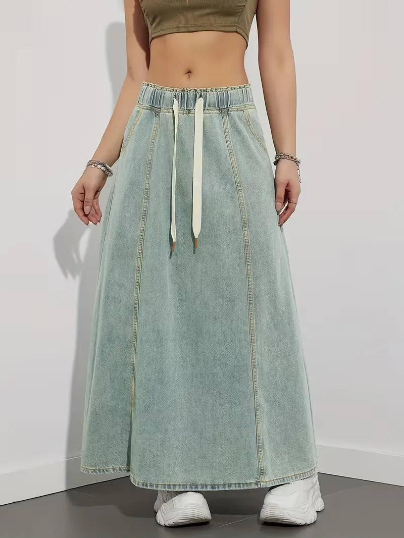 Gonna maxi denim donna, vita elasticizzata comoda, colore azzurro, ideale per un look casual.