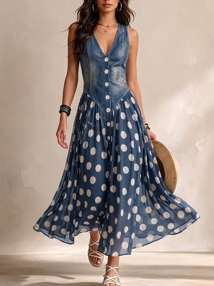 Moda donna: abito lungo elegante blu con corpetto moderno e fluida gonna a pois. Ideale per l'estate e look chic.
