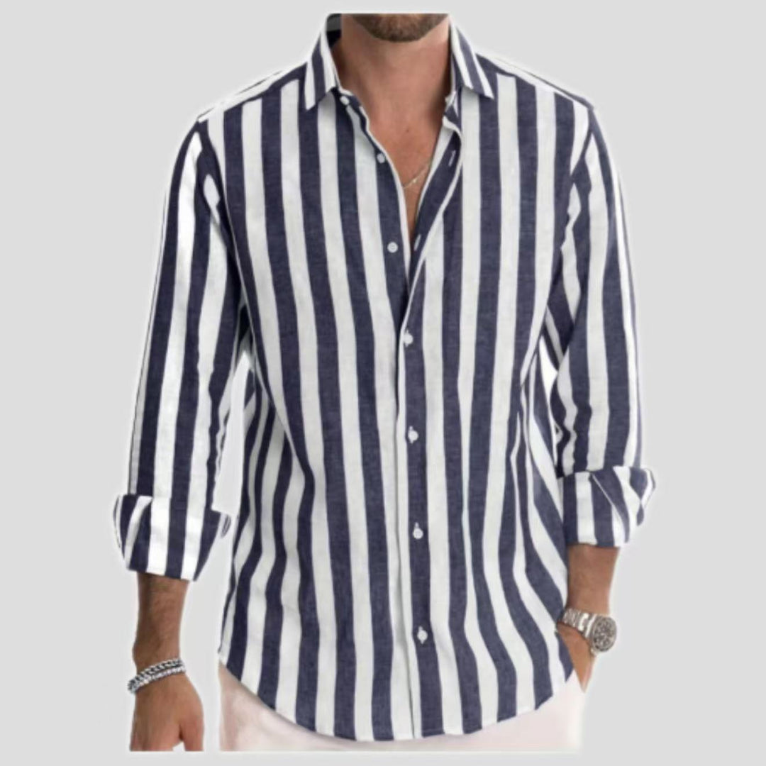 Camicia a righe da uomo, manica lunga slim fit, elegante e versatile per ufficio o casual.