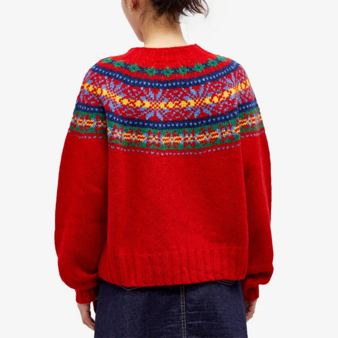 Pullover rosso donna Fair Isle, maglieria girocollo vintage per un look casual elegante e caldo inverno.