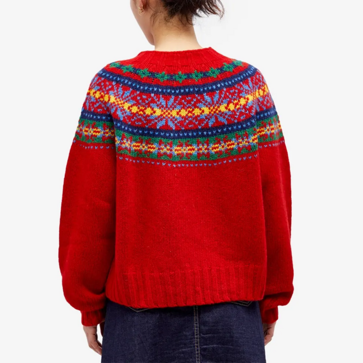 Pullover rosso donna Fair Isle, maglieria girocollo vintage per un look casual elegante e caldo inverno.