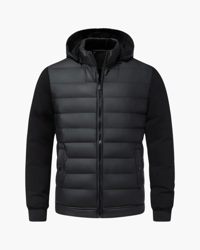 Giacca uomo trapuntata con cappuccio, stile urbano, ideale per comfort termico invernale e casual.