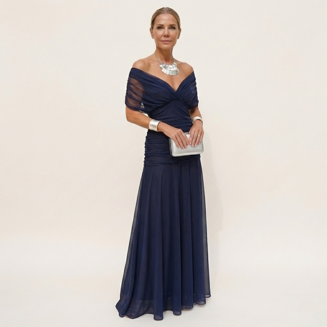 Abito da sera lungo donna, elegante per party o cocktail, con distintivo scollo drappeggiato.
