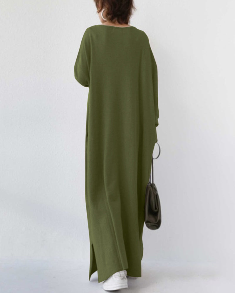 Elegante abito lungo donna nero in cotone. Maxi vestito casual a maniche lunghe, perfetto per il comfort.