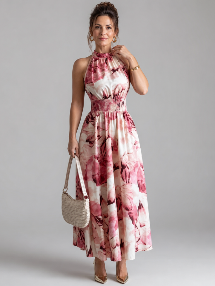 Abito donna midi con stampa astratta colorata e vita arricciata. Elegante e fluido per look chic.