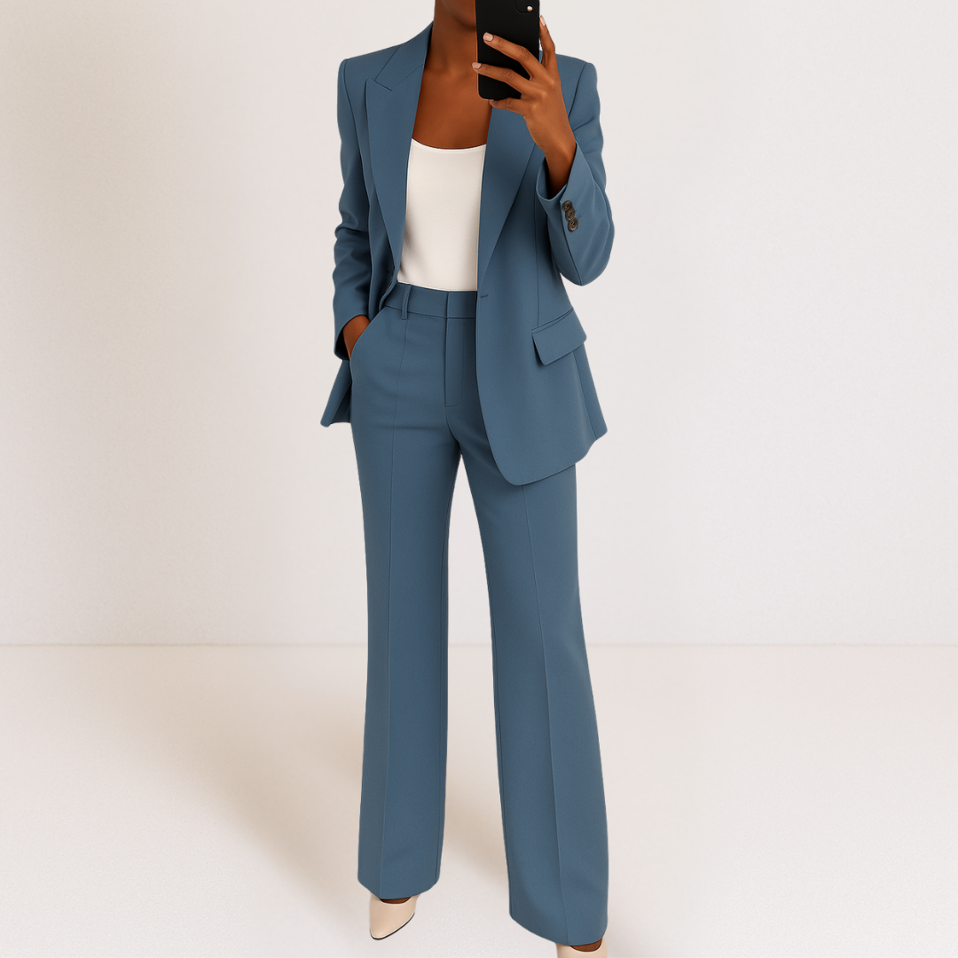 Tailleur donna elegante per ufficio, blazer sartoriale e pantaloni a gamba larga. Perfetto per il business.