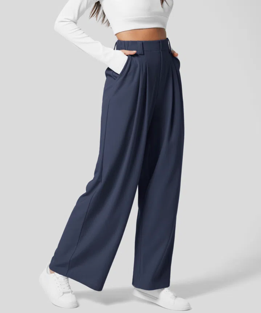 Pantaloni eleganti donna a vita alta con gamba larga, ideali per outfit raffinati primavera estate.