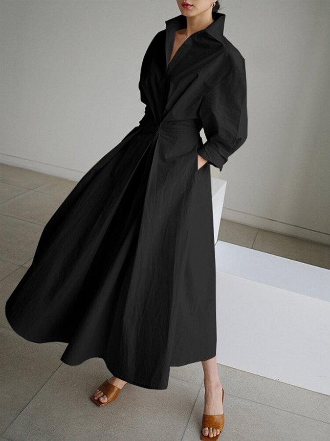 Moda donna: abito chemisier maxi dal taglio moderno, con colletto e cintura, ideale per un look chic e confortevole.
