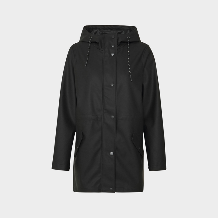 Impermeabile donna alla moda, giacca antipioggia che combina stile ed elegante protezione. Per viaggio.