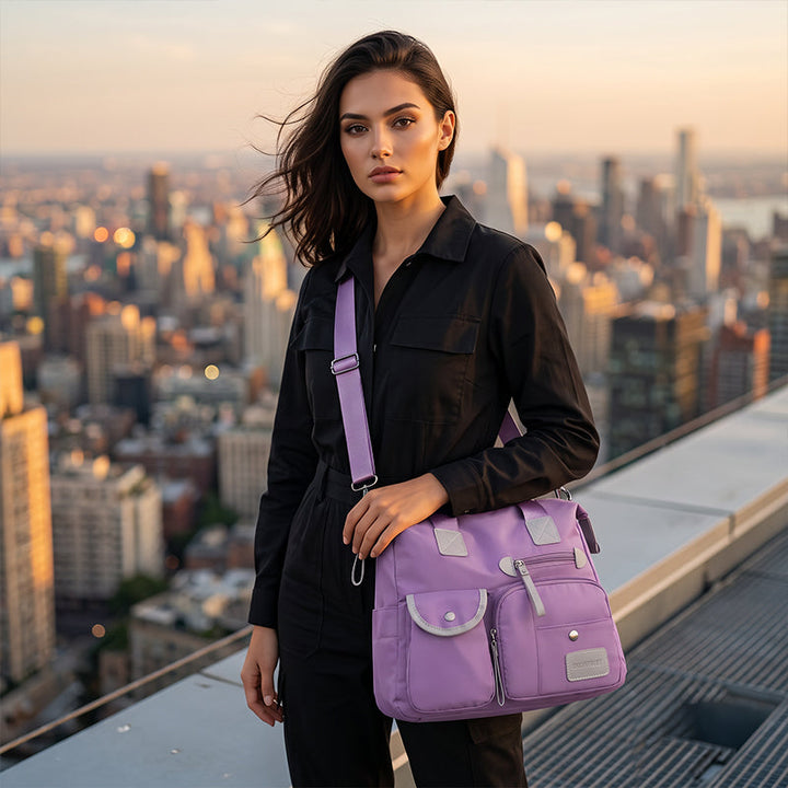 Borsa tote donna grande nera impermeabile con tasche multiple, perfetta per viaggio e uso quotidiano.