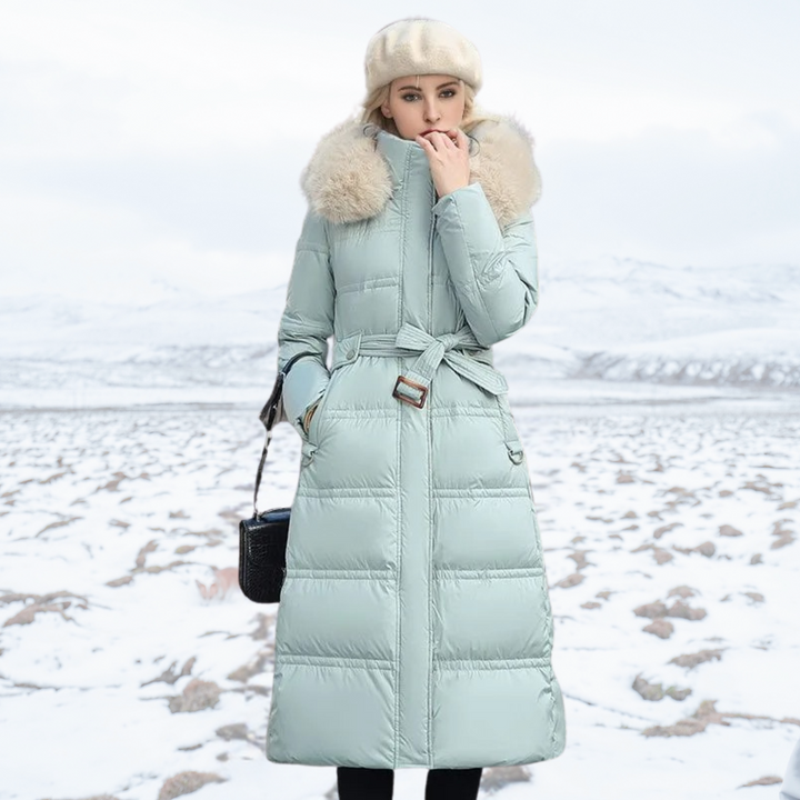 Outwear invernale donna, cappotto lungo blu scuro, giacca calda per un look sofisticato e pratico.