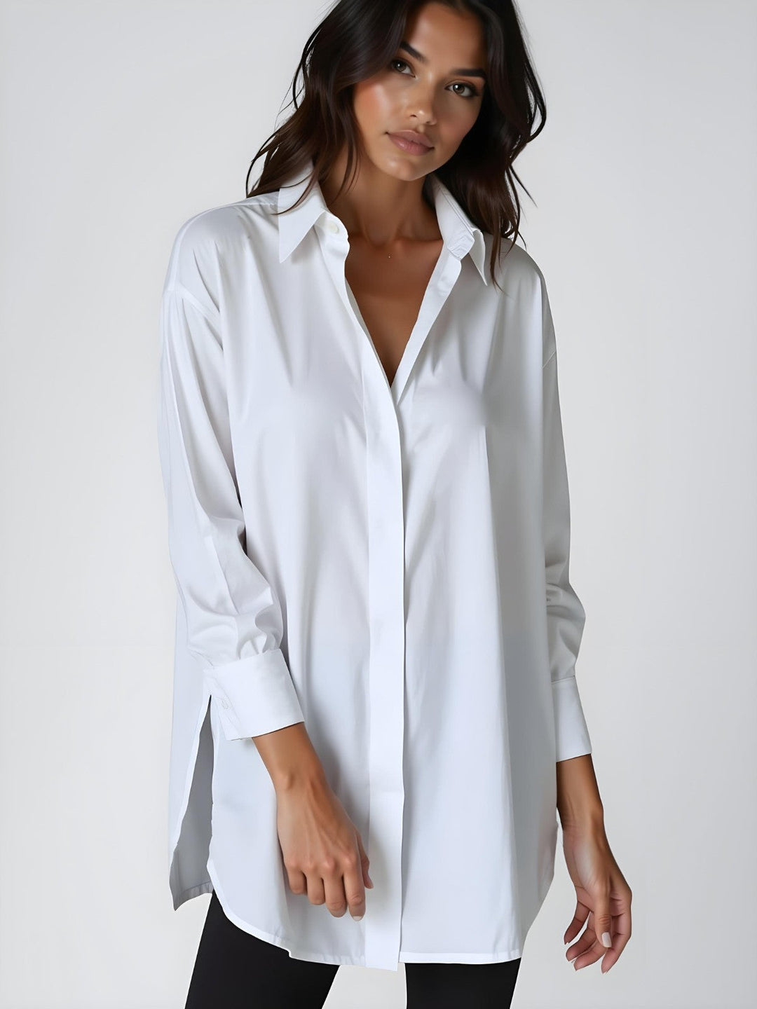 Dettagliato vestito camicia donna oversize con colletto revers, bottoni e spacco. Abito versatile per ogni occasione.