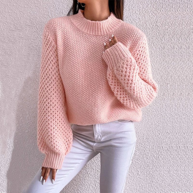 Pullover donna traforato con motivo geometrico, maniche lunghe. Maglione autunnale confortevole per moda casual.