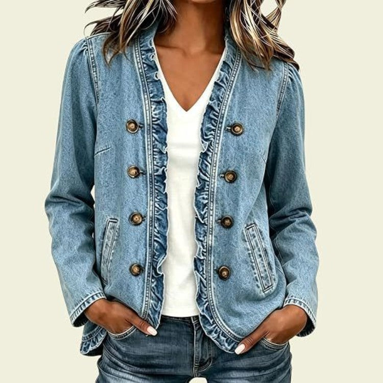 Giacca donna in jeans con balza, aggiunge un tocco casual e chic al tuo abbigliamento quotidiano.