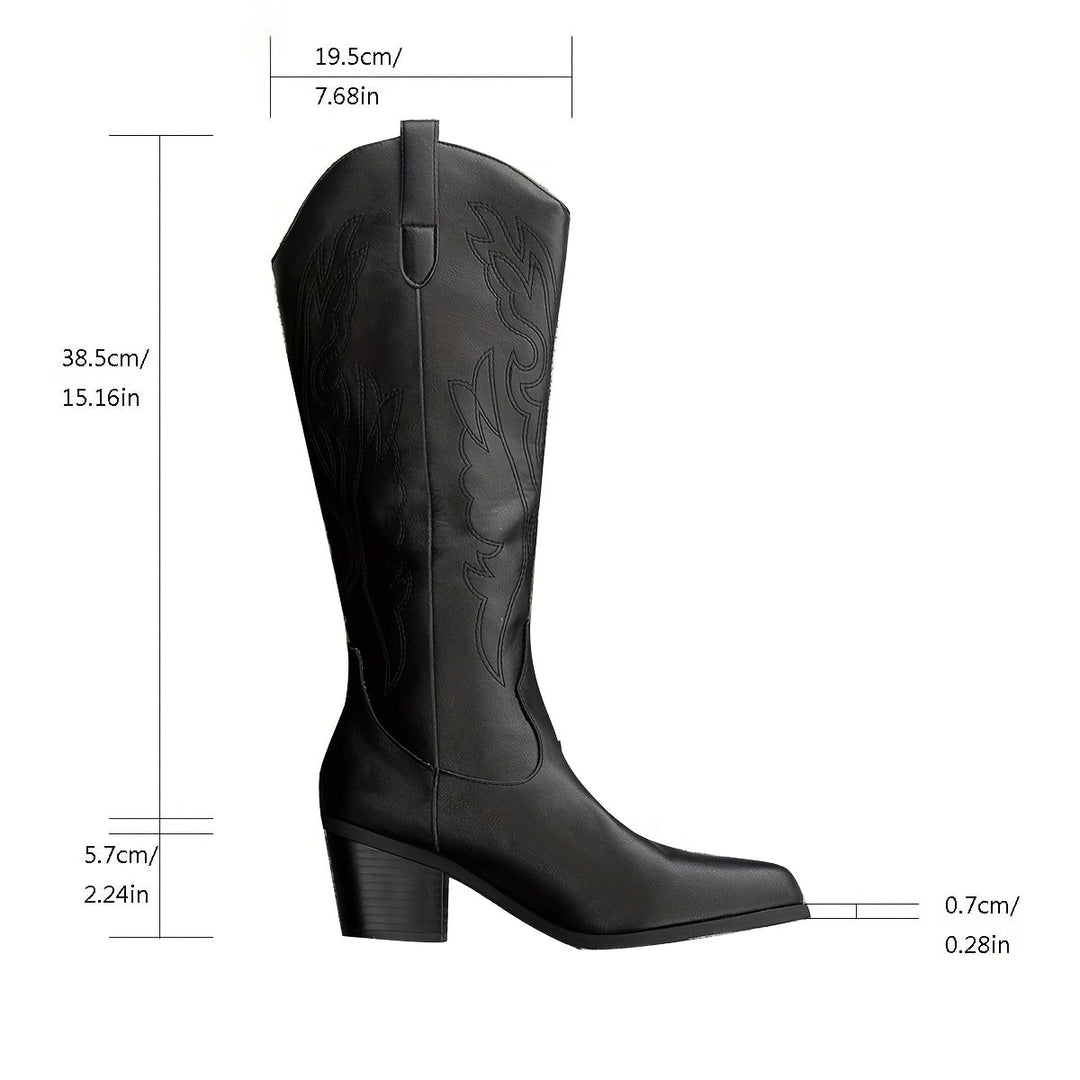 Stivali neri da donna con tacco a blocco, gambale ampio e ricami tonali, ispirati alla moda cowboy.
