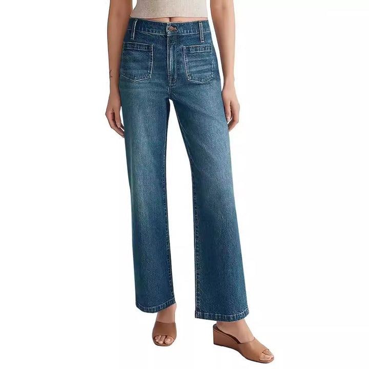Jeans strappati donna vita alta, colore blu intenso, taglio largo per un look moderno e versatile.