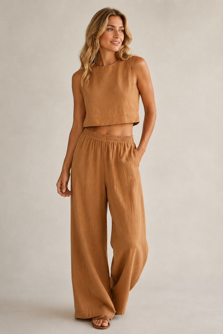 Outfit estivo donna in cotone naturale, casual e versatile. Set due pezzi leggero per la moda estiva e il comfort quotidiano.