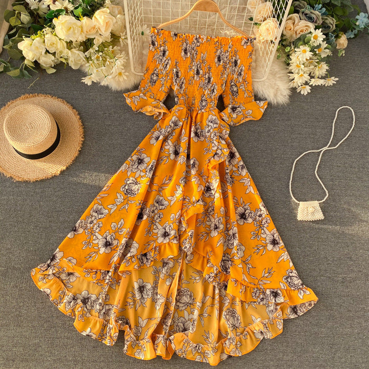 Abito midi tinta unita estivo da donna, con design a spalle scoperte e dettagli volant raffinati.