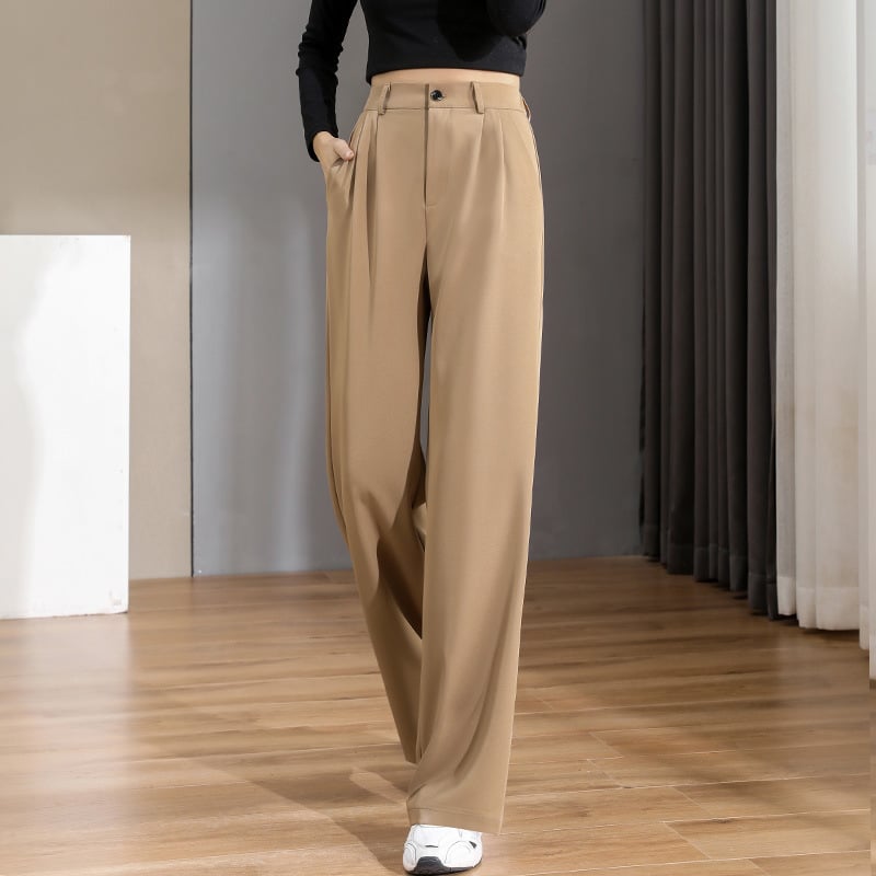 Pantaloni grigi donna eleganti con vita alta e gamba dritta, must-have per la moda ufficio.