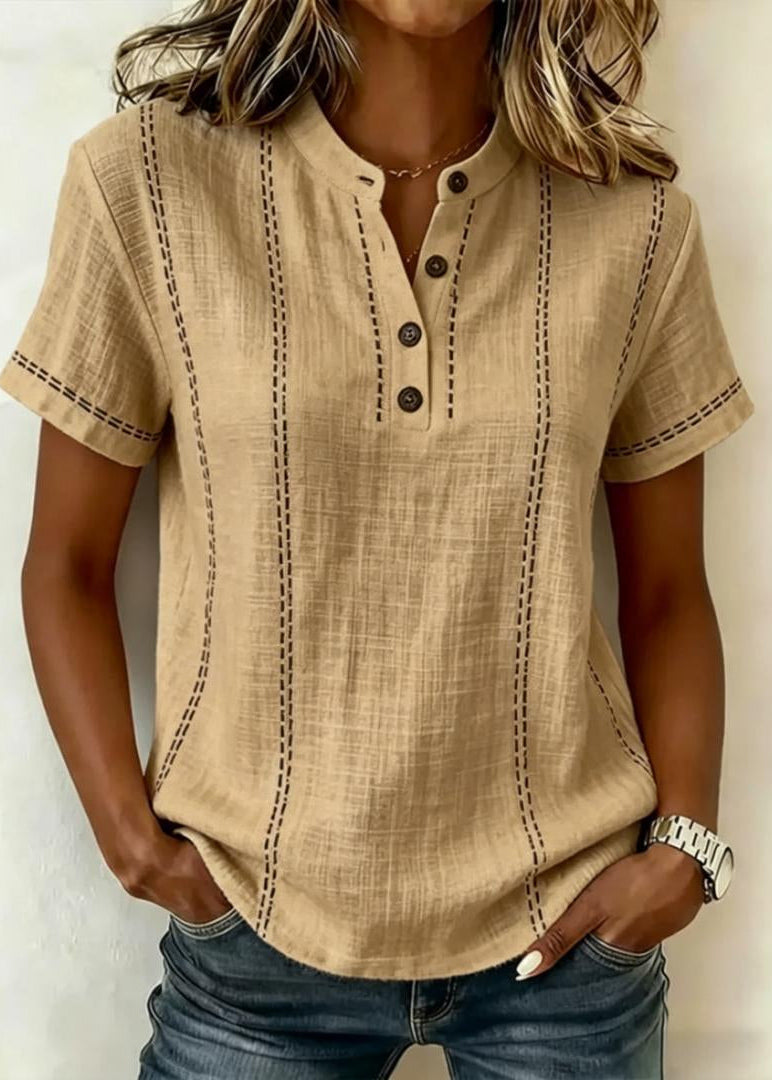 Blusa donna a maniche corte, colletto coreano, righe sottili e scollo a V. Stile fresco primavera estate.