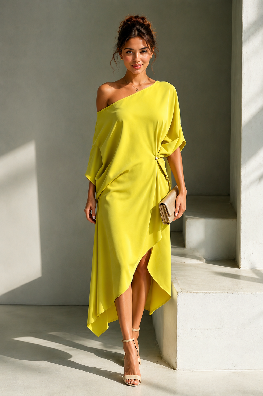 Abito elegante donna giallo asimmetrico, vestito fluido per un look moderno e chic. Ideale per l'estate.