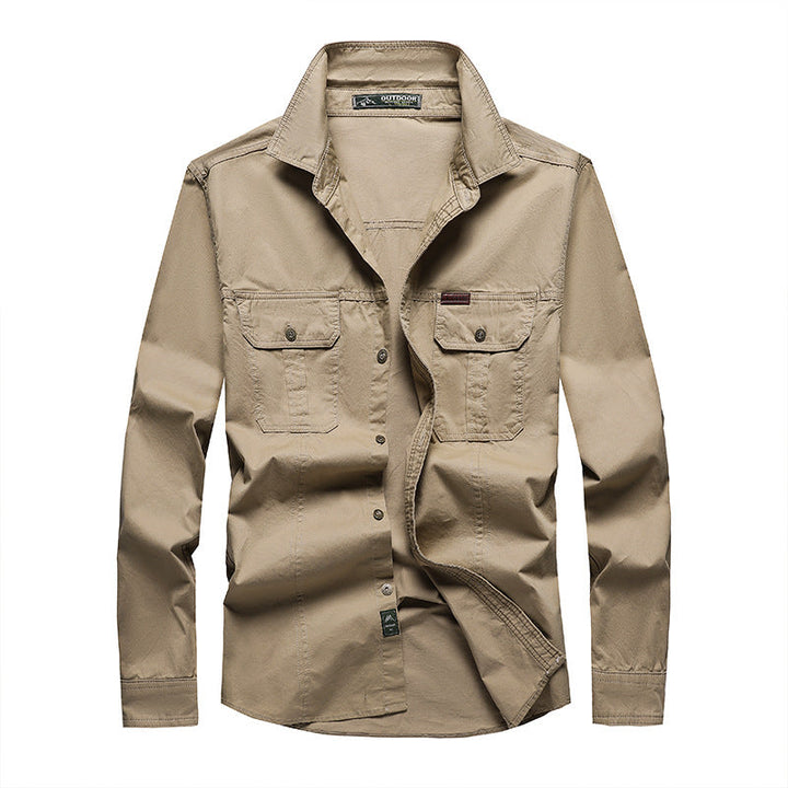 Camicia cargo uomo in cotone resistente, colore neutro, ideale per comfort e stile funzionale.