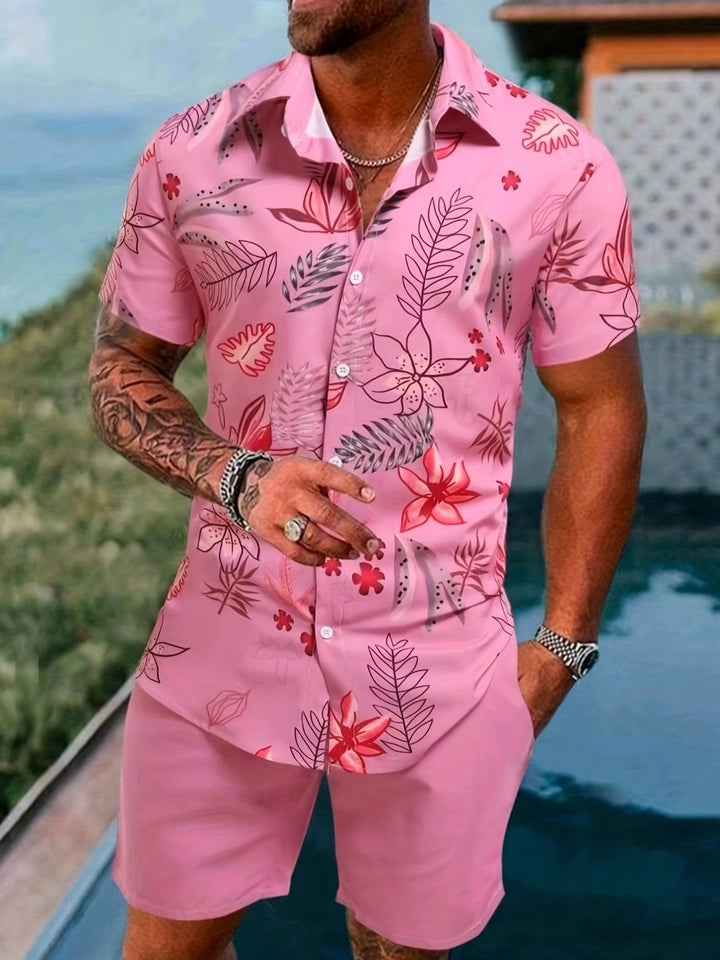 Completo estivo uomo due pezzi: camicia casual e shorts comodi, perfetto per vacanze e spiaggia.