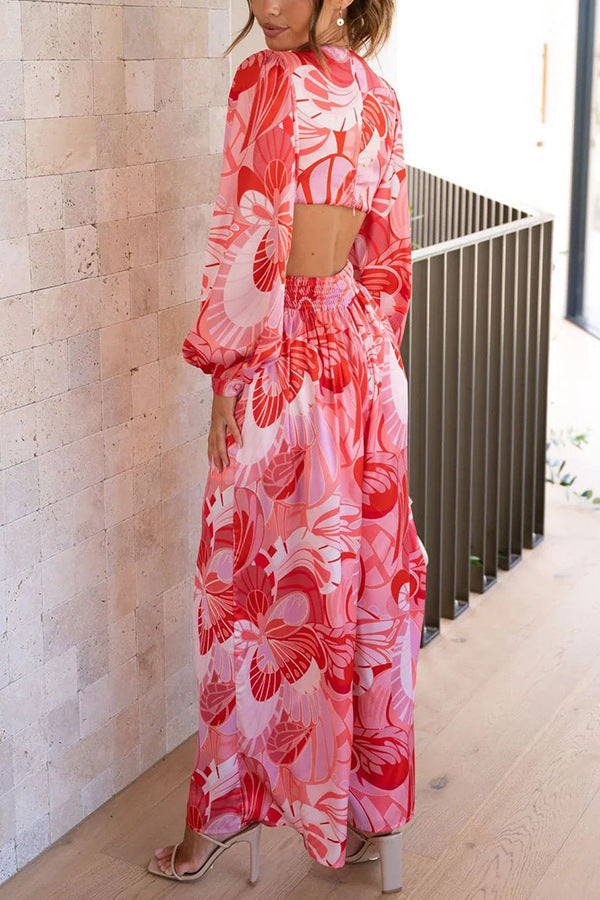 Tuta donna alla moda con stampa floreale, schiena scoperta, gamba dritta e vita alta, per un look unico.