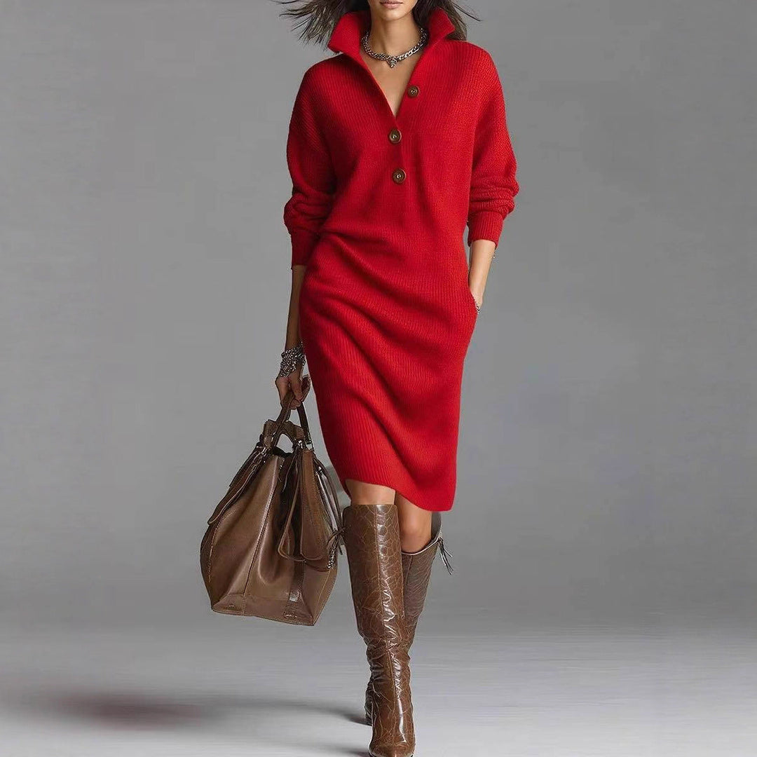 Elegante abito in maglia da donna a maniche lunghe, con scollo a V e bottoni. Ideale per un look casual-chic.