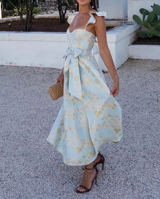 Abito midi donna estivo con spalline arricciate, ideale per party e serate speciali. Disponibile in azzurro e rosa.