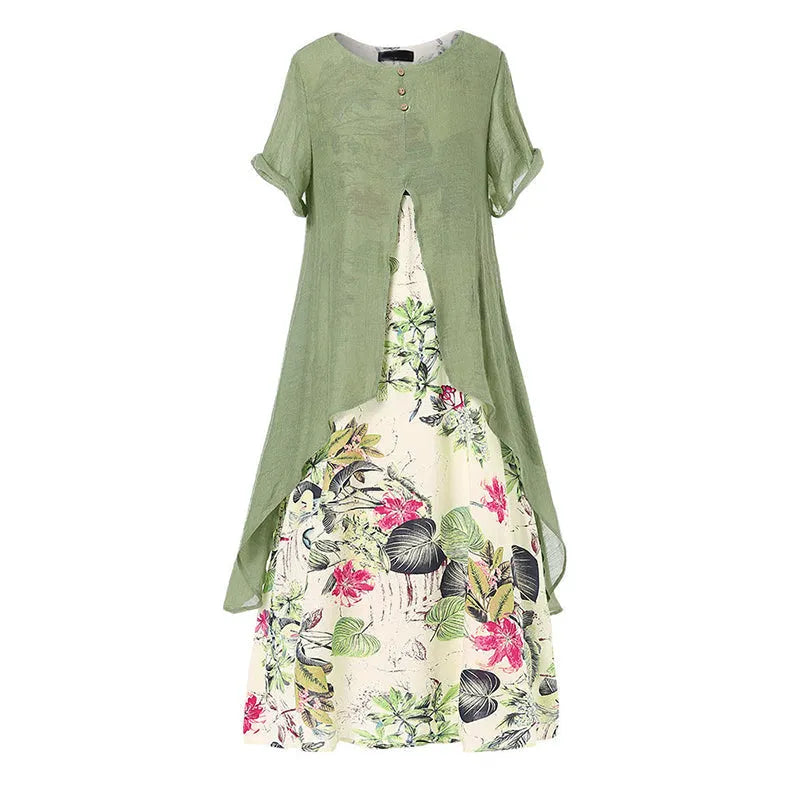 Vestito estivo donna floreale con stampa vivace, stile sovrapposto elegante, perfetto per casual e vacanza.