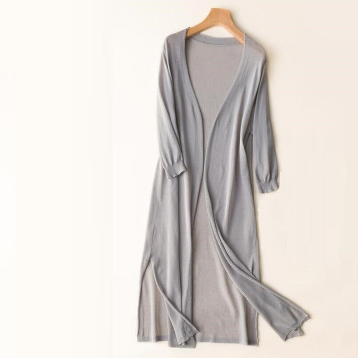 Cardigan lungo aperto leggero donna, maniche 3/4. Ideale per primavera ed estate, look casual e comodo.