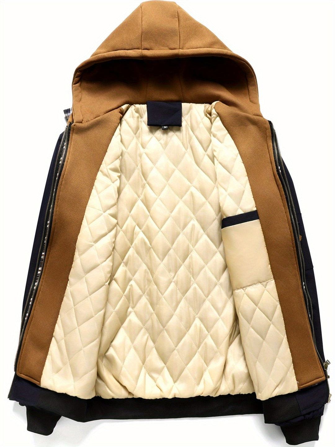 Uomo che indossa una giacca bomber trapuntata con cappuccio. Stile casual autunnale, disponibile in nero, beige, blu.