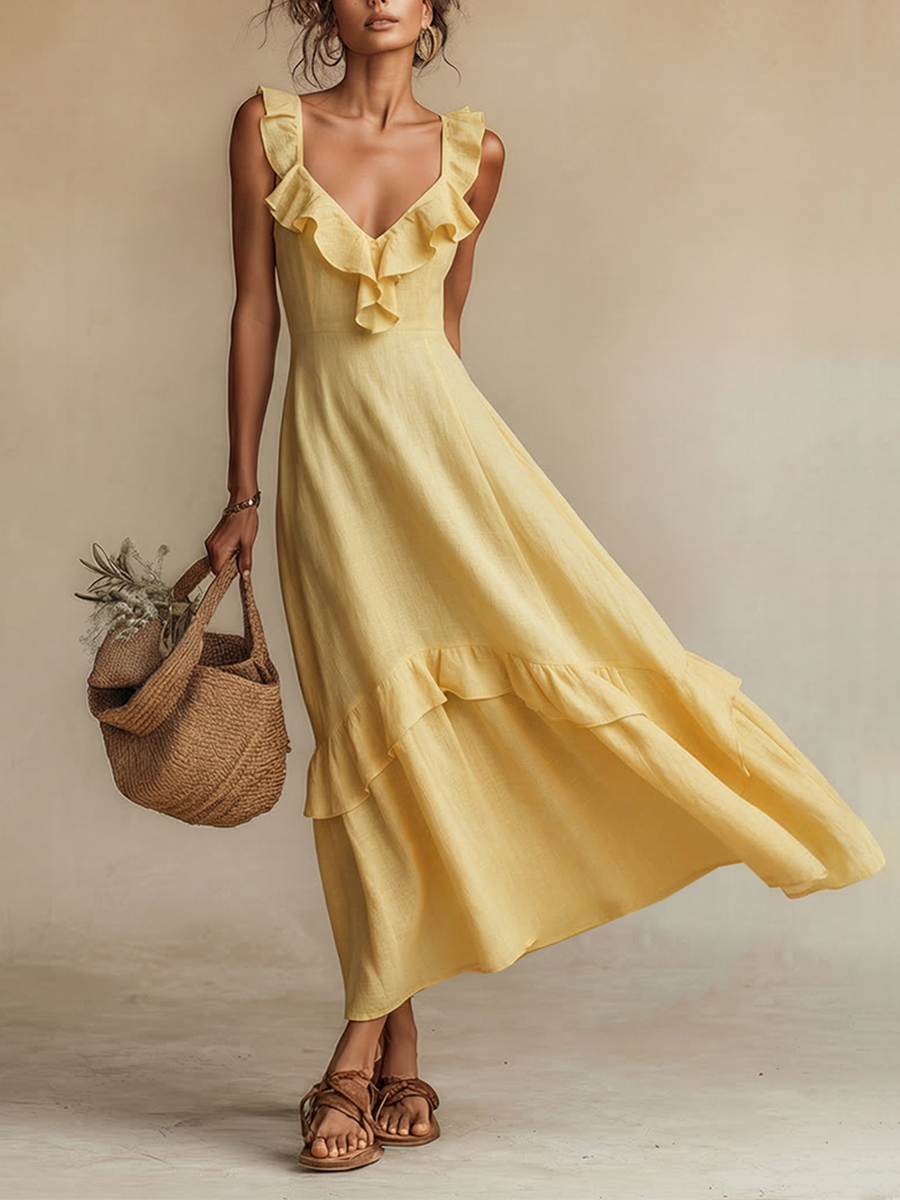 Abito maxi donna in lino giallo con scollo V e volant, stile boho estivo ideale per vacanze e spiaggia.