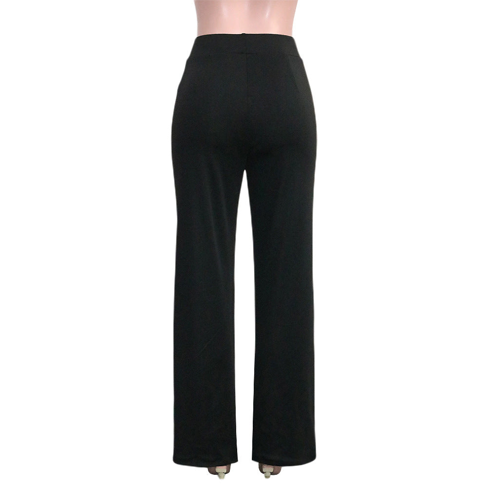 Pantaloni donna a zampa vita alta, vestibilità slim, tessuto morbido, perfetti per outfit eleganti.