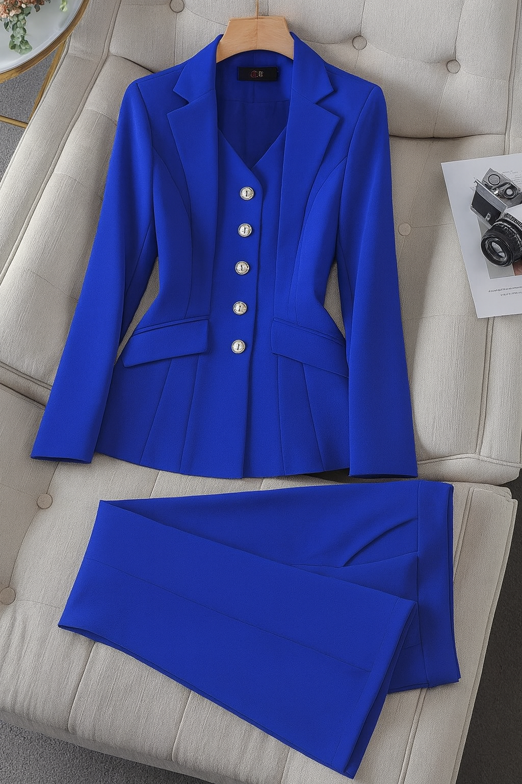 Set donna due pezzi: blazer raffinato e pantaloni eleganti, per un completo cerimonia o look professionale.
