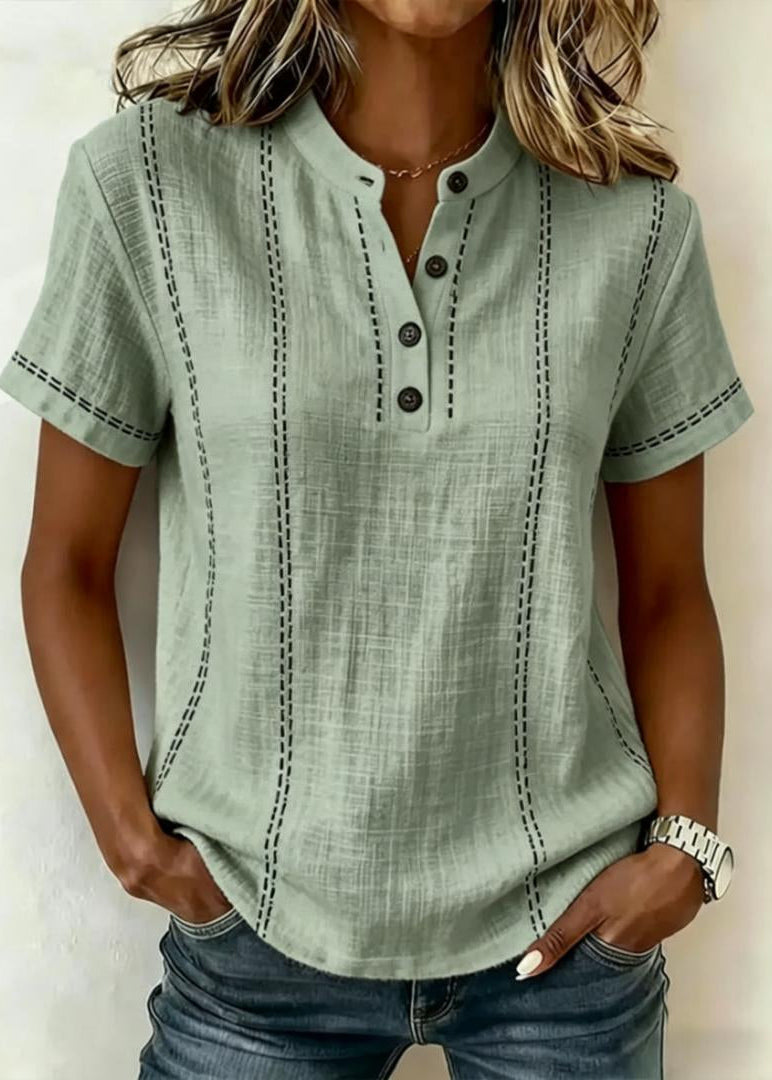 Blusa donna a righe, maniche corte, con colletto coreano. Stile elegante e casual per l'estate.