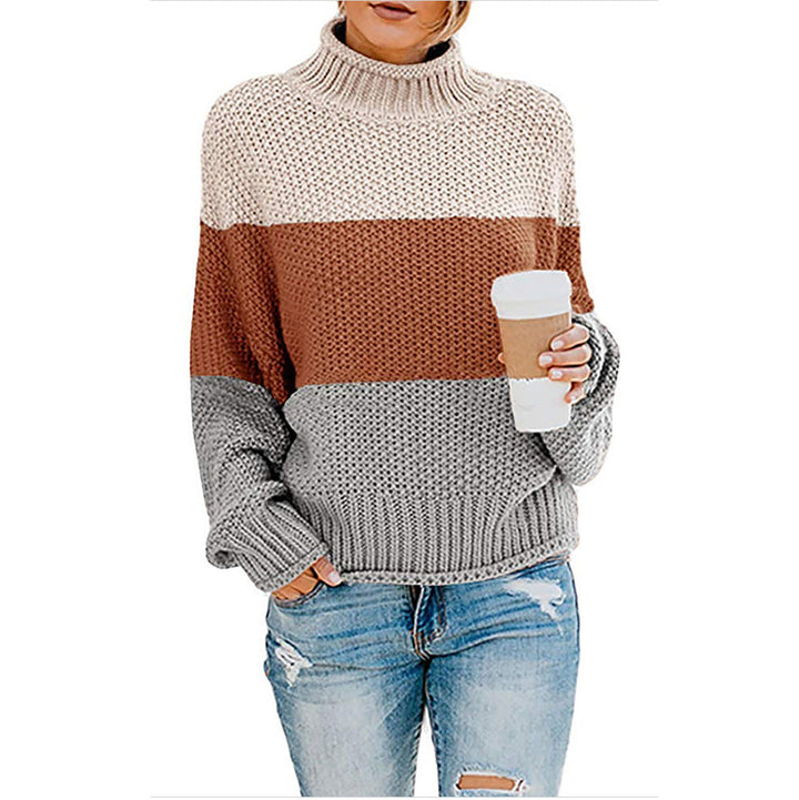 Pullover casual donna a collo alto. Maglione oversize con blocchi di colore e maniche lunghe per comfort e stile.