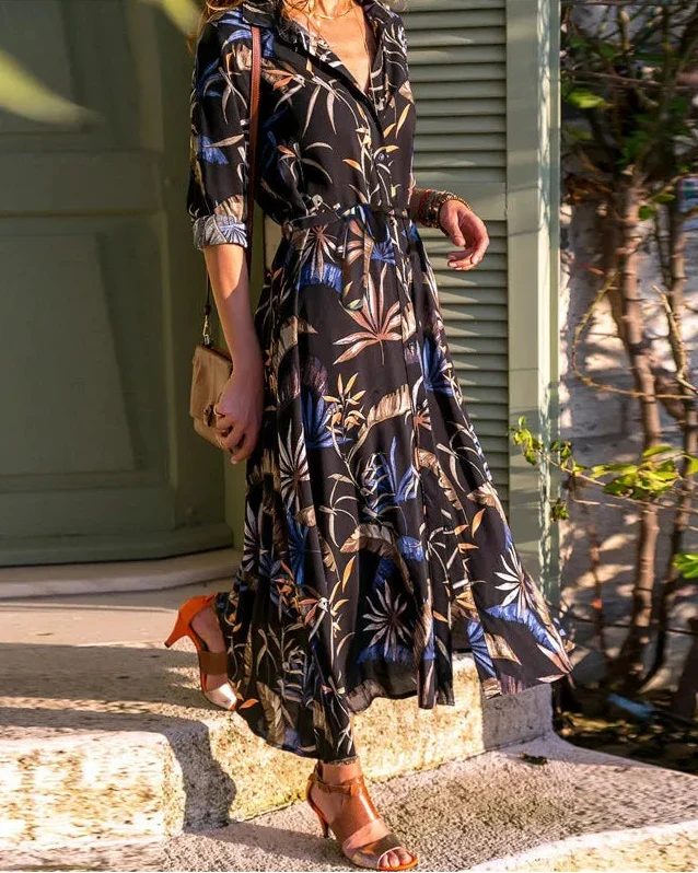 Abito estivo donna floreale midi con scollo a V e vita alta, ideale per primavera estate, stile elegante casual.