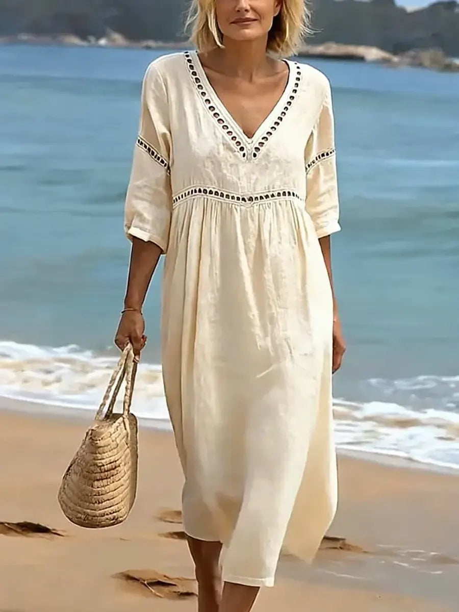 Abito donna con scollo a V, in cotone, unisce stile casual ed elegante per vestito estivo primaverile.